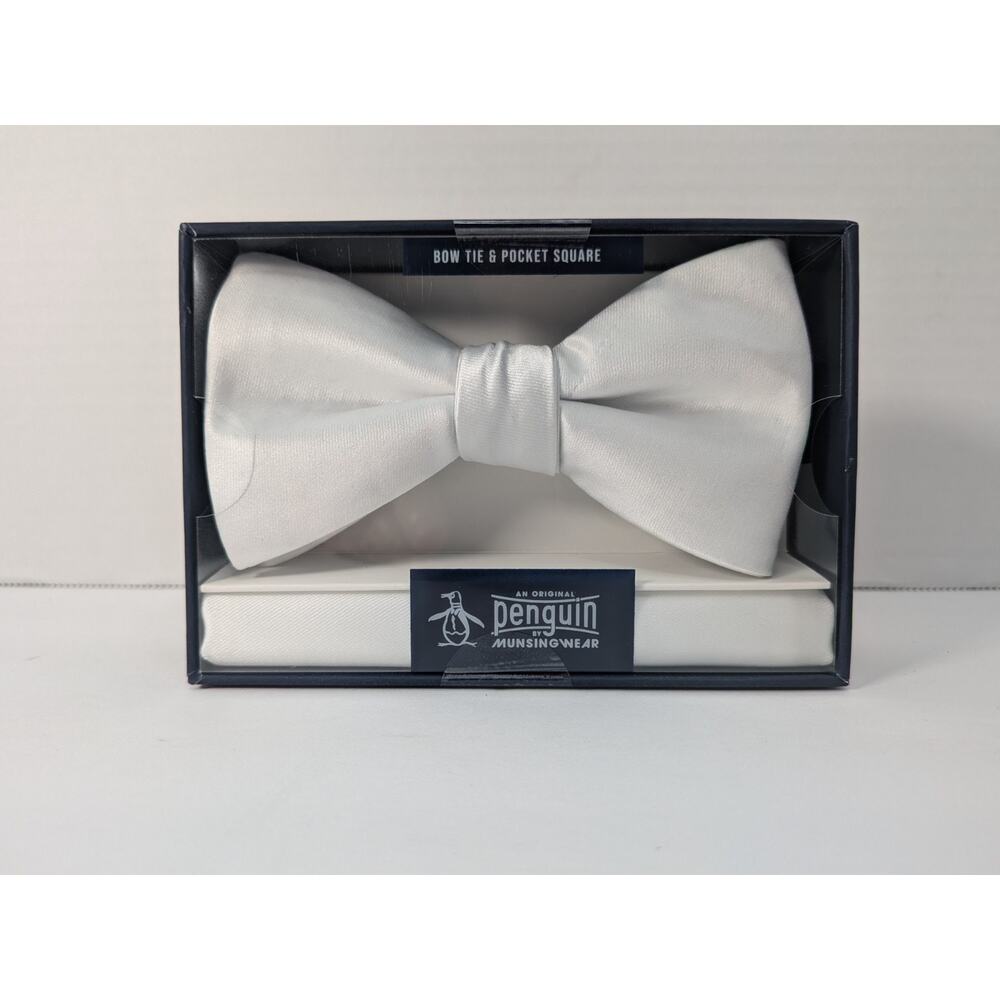 Original Penguin Bow Tie & Pocket Square Set Choice of White or Plum / Eggplant